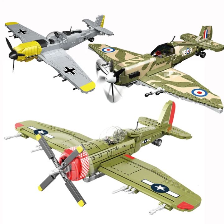 Different Types ww2 Army P47 Fighter Building Blocks Spitfire Military Soldier Pilot Figures Weapon Bricks Plane Toys for kids