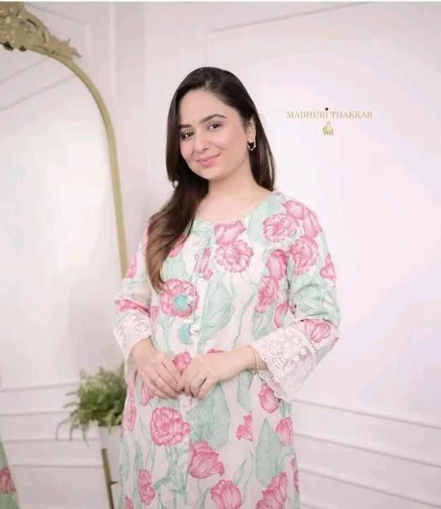 Pink Green A Line Cotton Kurta Set