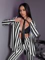 Black and white striped women's suit Jacket Niche 2024 Spring new holiday party high-end suit jacket Women's casual loose coat. 