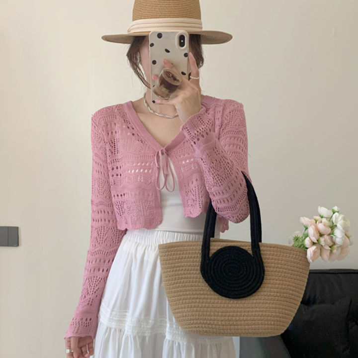 Bolero%20Cardigan%20Women%20Long%20Sleeve%20Tie%20Front%20Openwork%20Crop%20Shrug%20Top%20Lightweigh%20Cover%20Up%20Teen-girl%20Spring%20Summer%20Y2K%2090s%20Outfit%20-%20Image%206