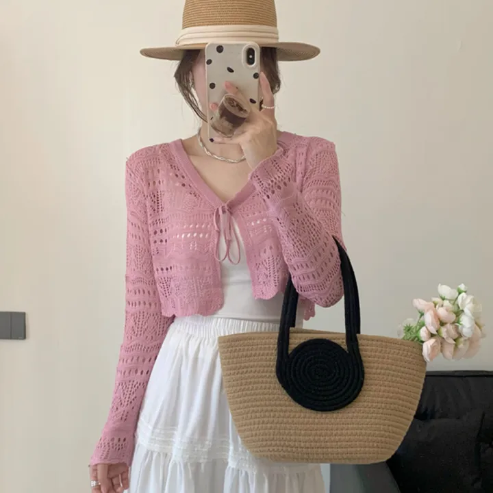 Bolero%20Cardigan%20Women%20Long%20Sleeve%20Tie%20Front%20Openwork%20Crop%20Shrug%20Top%20Lightweigh%20Cover%20Up%20Teen-girl%20Spring%20Summer%20Y2K%2090s%20Outfit%20-%20Image%206