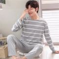 2 Sets of Men Pajamas Set of Long-Sleeved Long Trousers Students Sleepwear Homewear Cartoon O-Neck Striped Nightwear Loungewear.