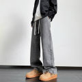 2025 New Men Winter Casual Jeans Male Fashion Loose Straight Denim Pants Slim Fit Elastic Waist Faded Blue Light Gray Trousers. 