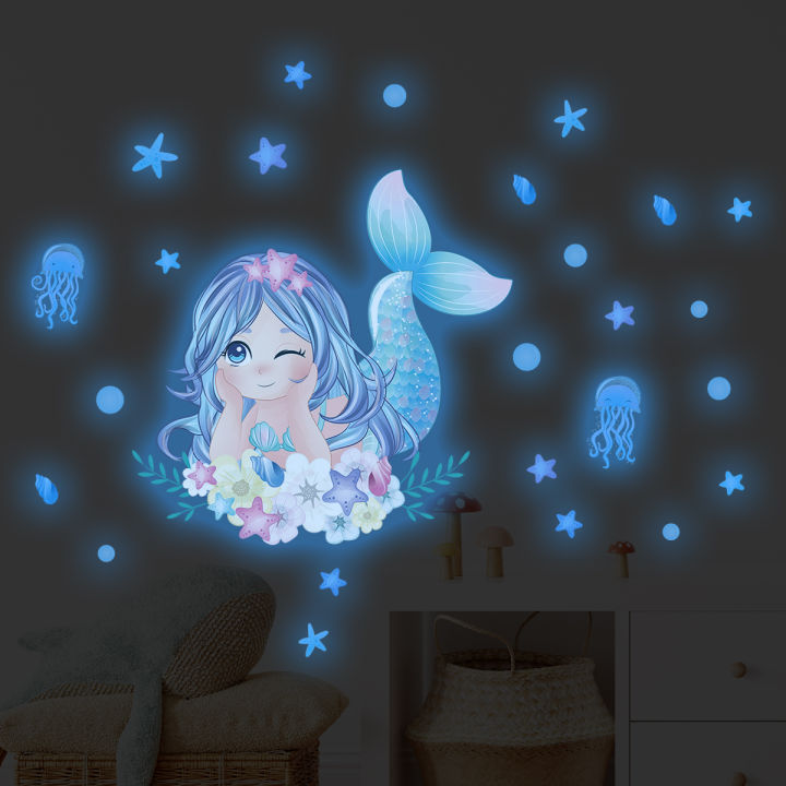 Cartoon%20Jellyfish%20Mermaid%20Wall%20Stickers%20for%20Kids%20Room%20Decor%20Background%20Girls%20Bedroom%20Living%20Room%20Home%20Decoration%20Wall%20Decal%20Glow%20-%20Image%202