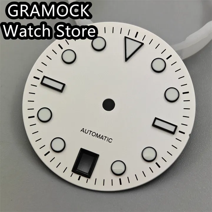 GRAMOCK%2029mm%20Watch%20Dial%20With%20Hands%20Set%20Green%20Luminous%206%20o%20'clock%20Date%20Window%20Silver/Black%20Edge%20Index%20Fit%20NH35%20Movement%20-%20Image%203