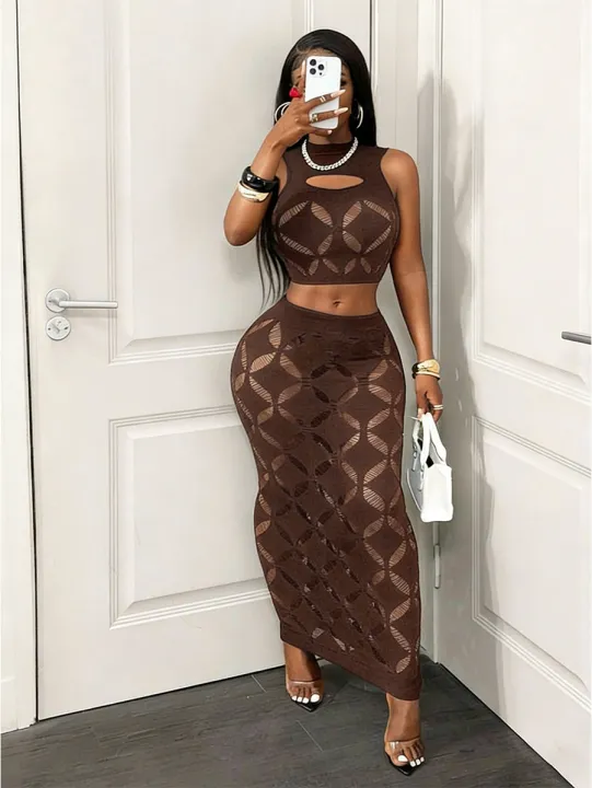 FHSEER%20Plus%20Size%202PCS%20Women's%20%20Set%20See%20Through%20Mesh%20Hollow%20Out%20Crop%20Tank%20&%20High%20Waist%20Bodycon%20Mini%20Skirt%20Stretechy%20Clubwear%20-%20Image%204