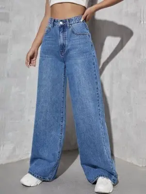mid blue high waist wide leg denim jeans for women