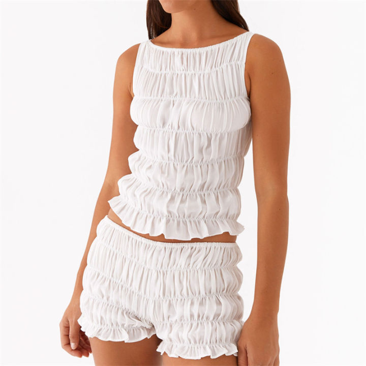 Women%20Summer%20O-neck%20Folds%20Tank%20Tops+Shorts%20Suit%20Sleeveless%20Slim%20Solid%20Tees%20Ruched%20Shorts%20Beach%20Style%20Fashion%202pcs%20Sets%20Outfits%20-%20Image%207