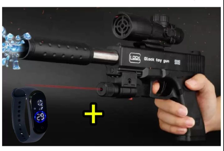 2PS/SUPER FAST ACTION BUP G SHOOTING  GLOCK TOY GUN +LED DEGITAL TOUCH SCREEN WATCH FOR BOYS Black AIR SOFT FINE QUALITY PLASTIC AIRSOFT SHELL ENJECT WITH RED LASER  LIGHT TOY GUN WITH M4 DEGITAL TOUCH WATCH   FOR 7 TO 12 YEARS OLD BOYS