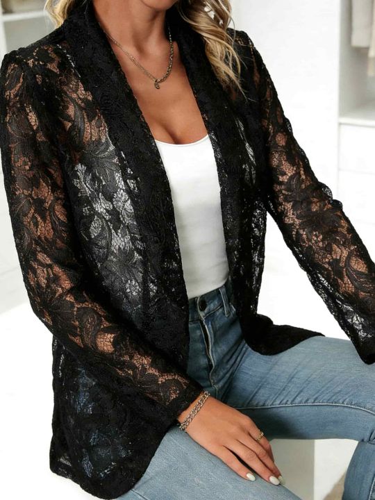 2026 New Women's Spring Suit Jacket, Lace Semi-permeable, Long-sleeved Suit Collar, Buckle-free Design, Office Women's Clothing