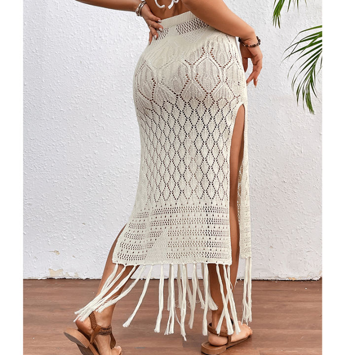 Women%20Knitted%20Texture%20Sarong%20Skirts%20%20High%20Slit%20Tassel%20Cover-Up%20Beach%20Summer%20Vacation%20Wrapped%20Skirt%20Bikini%20Cover%20Up%20-%20Image%203