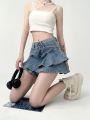 Spice Girls Denim Skirt Anti-Slip Double Denim Skirt Women's Stretch High-Waisted Slimming A-Line Cake Skirt.