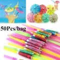 50 Pcs Cocktail Umbrella Drinking Straw Assorted Party/BBQ/Hawaiian Theme Straws. 