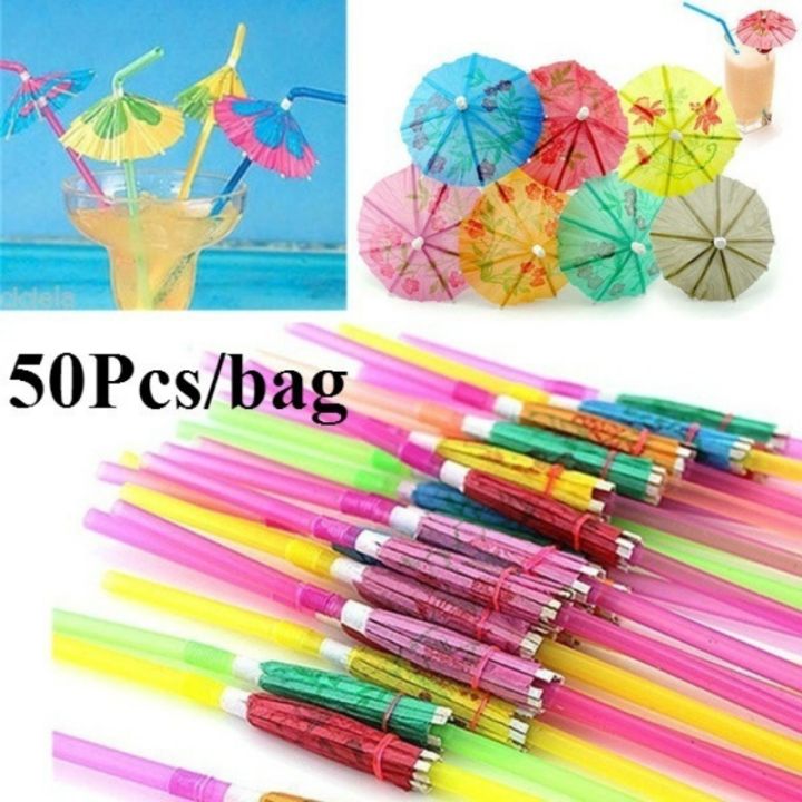 50 Pcs Cocktail Umbrella Drinking Straw Assorted Party/BBQ/Hawaiian Theme Straws