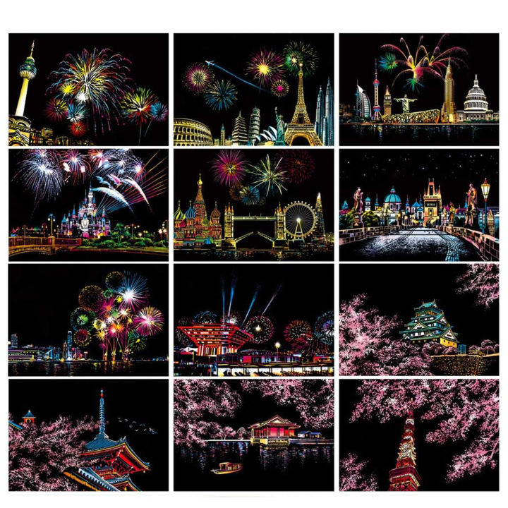 4PCS%20Postcard%20Night%20Scene%20Colorful%20Scratch%20Art%20Cool%20And%20Colorful%20Scratch%20Art%20With%20Bamboo%20Sticks,Landscape%20Architecture%20Clip%20Art%20-%20Image%203