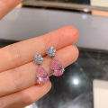 Huitan Temperament Sweet Pink Pear Cubic Zirconia Drop Earrings for Women Exquisite Flower Shape Earrings Gift Statement Jewelry.