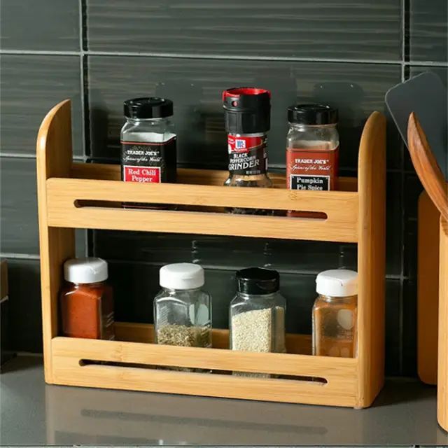Kitchen 2 Tier Bamboo Spice Rack with Wooden Spice Storage Rack