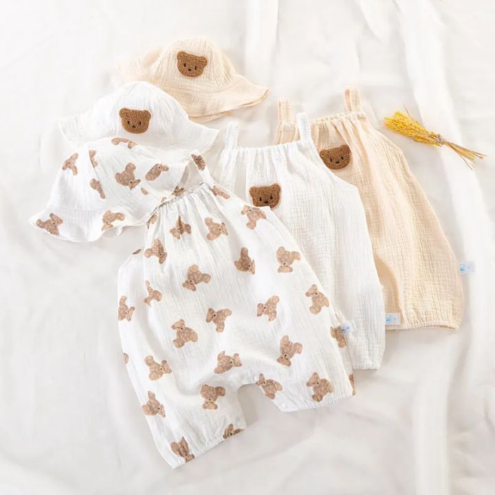 Newborn%20Baby%20Summer%20Thin%20Bodysuit%20Girls%20Sleeveless%20Suspenders%20Romper%20Suit%20Boys%20Cute%20Embroidery%20Cartoon%20Pajamas%20+%20Hat%202%20Piece%20Set%20-%20Image%204