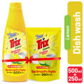 Trix Dishwashing Liquid 750ml (Bottle & Refill Combo) Lemon Fragrance for Scratch-Free Sparkling Clean Dishes, removes grease stains. 
