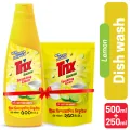 Trix Dishwashing Liquid 750ml (Bottle & Refill Combo) Lemon Fragrance for Scratch-Free Sparkling Clean Dishes, removes grease stains.