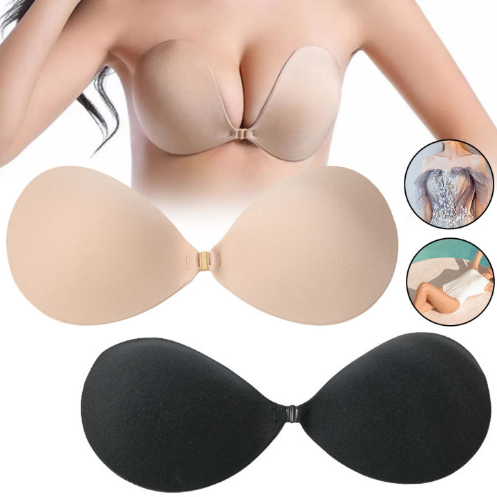 Women Invisible Push Up Bra, Bust Front Closure Sticky Bra, Backless Strapless Bra, 2PCS, Black and Khaki