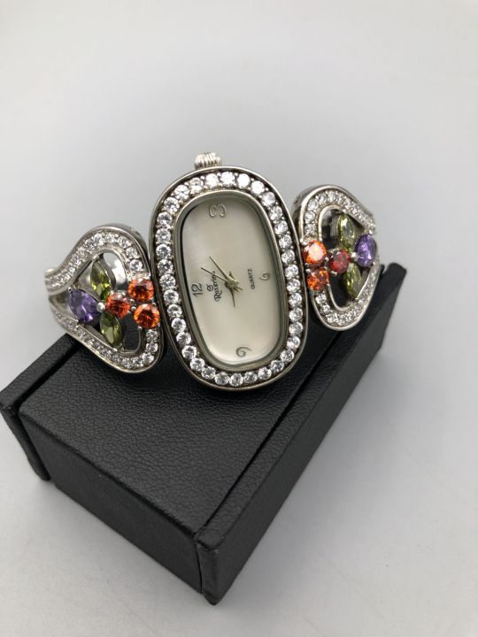 Roxerina Silver Sterling Silver 925 Ladies Watch – Italian Made – Quartz – Gemstone Bangle Design