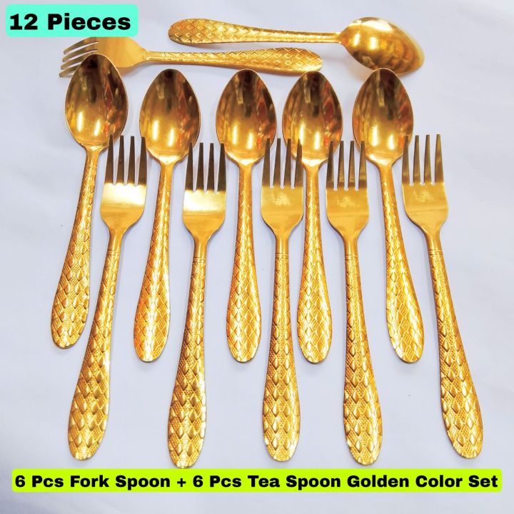 12 Pieces Golden colour Stainless Steel Spoon Set - Add A Touch Of Luxury To Your Dining Table With This Golden Color chopped Spoon And Tea Spoon Set Size 6 Inch multicolor