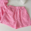 New Korean Style Girls' Summer Pink Cotton Suit Baby Hollow Small Flying Sleeve Top + Shorts Two-Piece Sweet Baby Girl Suit. 
