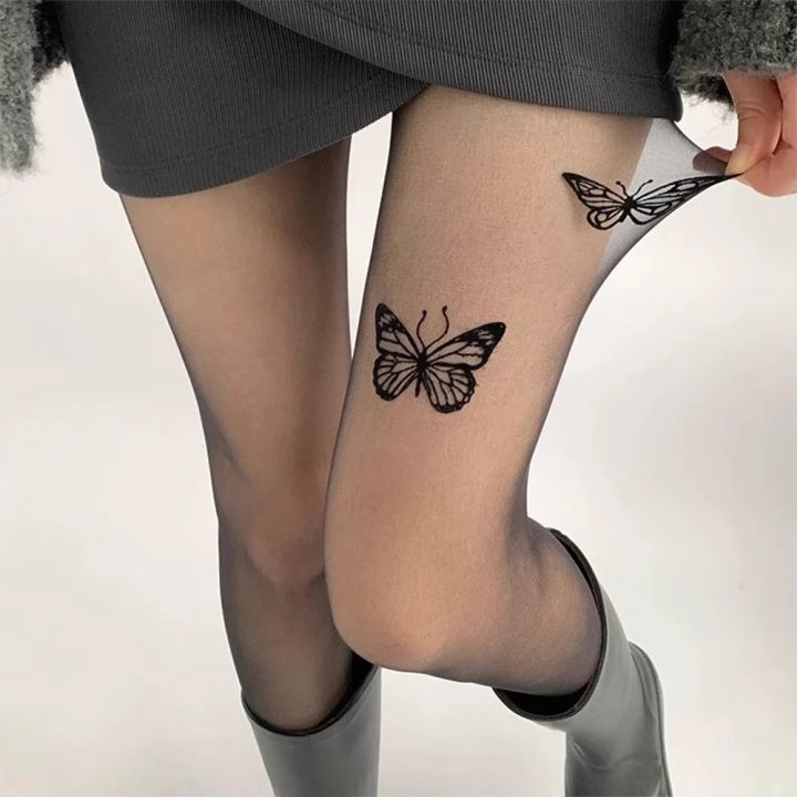 Women Ultra-thin Tights Vintage Y2K Fake Tattoo Butterfly Black Transparent Silk Pantyhose Girls Lolita Summer Stockings