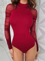 Weird Puss 2025 Mesh Patchwork Bodysuit  Women Sleeve Ruched Skinny Turtleneck Bodycon Elegant Wild Tops Streetwear Outfits. 