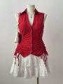 Plus Size 2025 Summer New Women's Big Size Music Festival Tie Bow Slim Slim Sleeveless Shirt Polyester Material. 