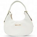 Elegant White Crescent Moon Bag with Gold-Tone Hardware and Adjustable Strap". 