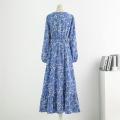 Spring Autumn Women Chiffon Dresses Casual Floral Printed Bark Crinkling Long Dresses O-neck Long Sleeve Loose Muslim Maxi Dress.