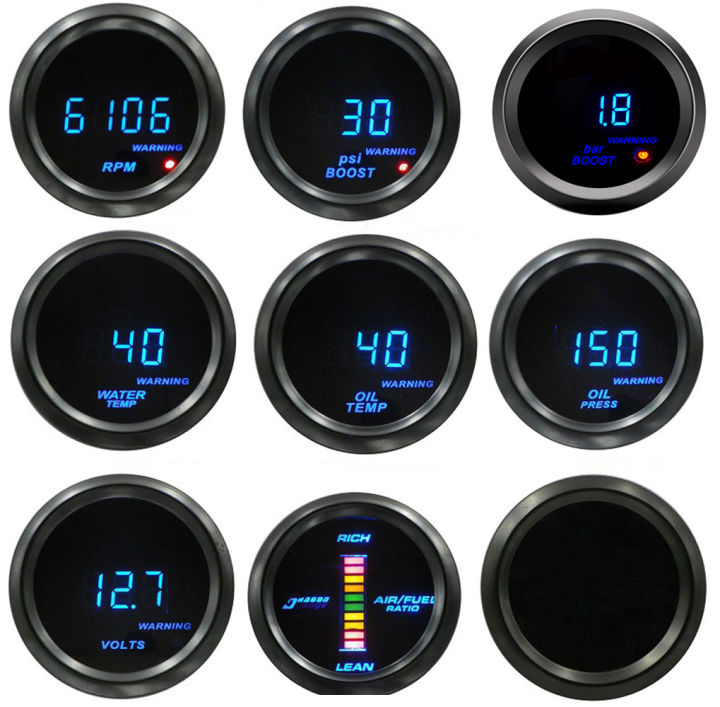 AD 52mm Car Digital Tachometer Turbo Boost Gauge PSI BAR Water Temp Oil Temp Oil Pressure Gauge Voltmeter Rpm Warning Light