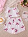 Summer collection of fashionable home clothes for girls, elegant and sweet bow camisole vest shorts for outdoor leisure..