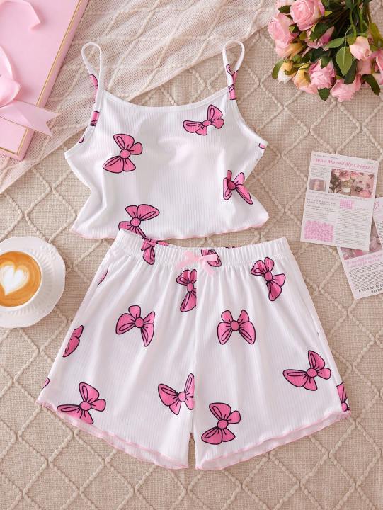 Summer collection of fashionable home clothes for girls, elegant and sweet bow camisole vest shorts for outdoor leisure.