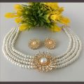 Indian Flower necklace/ Pearl Choker/ Indian Jewelry/ Indian Necklace/ Indian Choker/ Indian Wedding Necklace White and Golden Set with Earrings. 