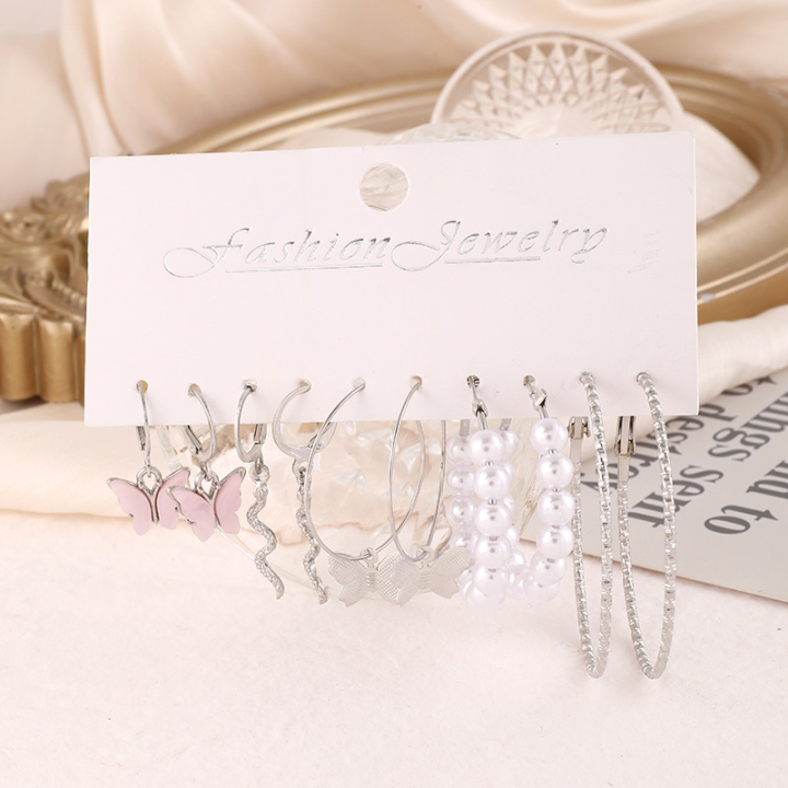 Women's%20Pink%20Butterfly%20Earrings%20Swirly%20Dangles/Imitation%20Pearl%20/Textured%20Silver%20Color%20Hoop%20Earrings%20Diverse%20Earring%20Set%20-%20Image%203