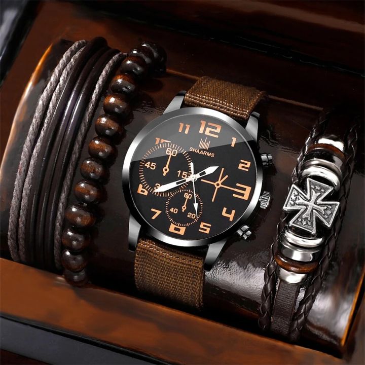 Mens Wrist Band Watches 4Pcs Set Luxury Watches Men Black Sports