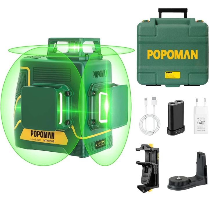 Laser Level 3D & 3 x 360°, Line Laser Green POPOMAN, USB Rechargeable, Self Leveling and Pulse Mode, Magnetic Pivoting Base, Auxiliary Supporting Bracket, Carrying Case Include - MTM350B