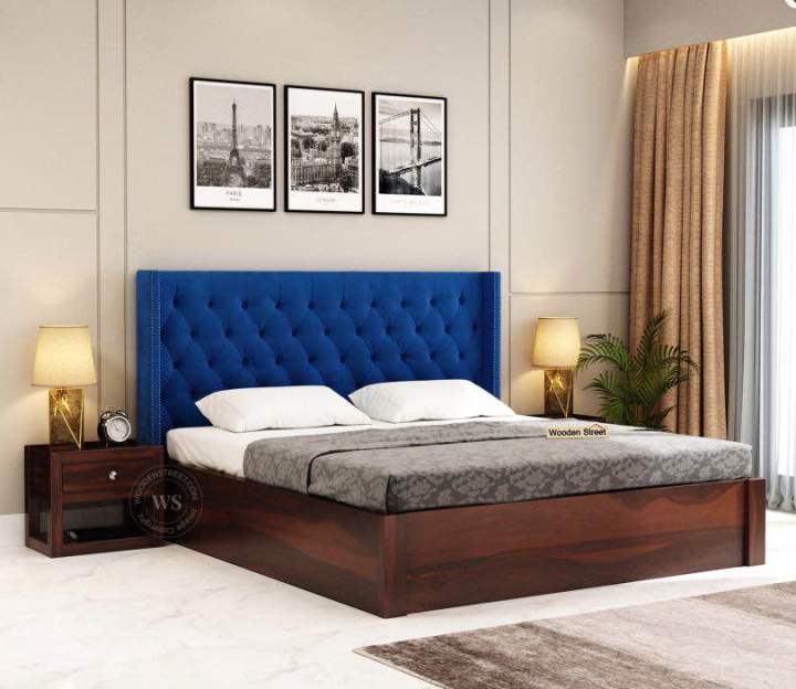 Drewno Sheesham Wood Upholstered Bed With Hydraulic Storage