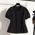 Summer 2026 French Style Sweet Lace Border Thin Top Plus Size Women's Shirts Waist Cinched Short Sleeved Doll Shirt Casual Tops. 