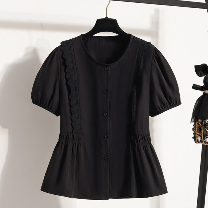 Summer%202026%20French%20Style%20Sweet%20Lace%20Border%20Thin%20Top%20Plus%20Size%20Women's%20Shirts%20Waist%20Cinched%20Short%20Sleeved%20Doll%20Shirt%20Casual%20Tops%20-%20Image%204