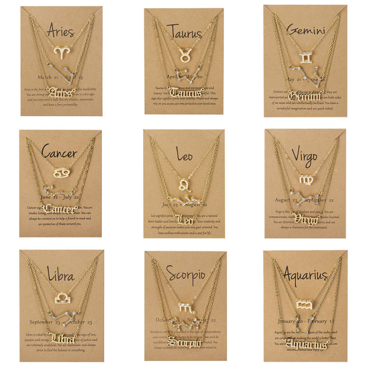 3Pcs/set 12 Zodiac Sign Necklaces Set For Women Constellation Pendant Chain Choker Birthday Jewelry With Cardboard Card