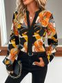 Plus Size 1XL-5XL New Women Spring/Summer Fashion Contrast Printed V-neck Long Sleeved Shirt Ladies Casual Commuter Shirt.