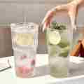 Large Capacity Stripe Glass Coffee Cup With Lid Cover Straw Transparent Drinking Glasses For Juice Iced Coffee Mugs Drinkware.
