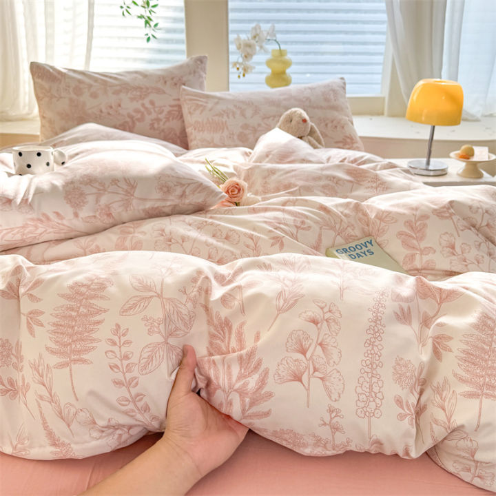 Bonenjoy Pink Flower Duvet Cover Sets Washed Polyester Super Soft Bed Cover Sets Single/Queen/King Quilt Cover with Pillowcase