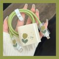 USB Cable Protection For iPhone 15 14 18W 20W Original Charger Protector Cover Green Flowers Protective Data Line Spiral Winder.