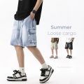 Summer Retro Fashion Denim Shorts for Men Loose Straight Leg Multi-pocket Short Jeans With Elastic Waist and Drawstring Male.