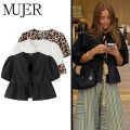 MUJER Ruffle Blouses Woman Puff Sleeve Shirts and Blouses for Women White Black Ruched Crop Top Female Ruched Women's Blouse. 